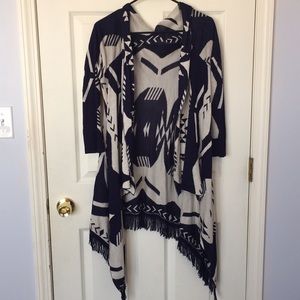 Navy and off-white Aztec / tribal fringe cardigan